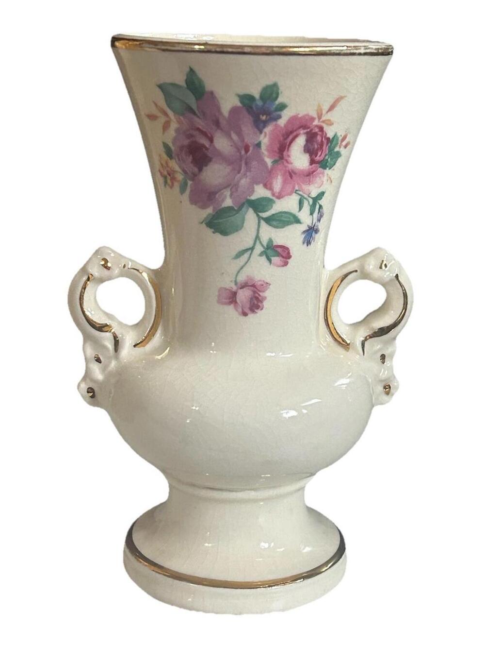 Vintage Spaulding China Floral Vase Gold Trim Double Handle Pedestal 8”